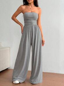 Swisz Women's Elegant Strapless Wide Leg Jumpsuit With Draping Formal Fashion - Grey - View 2