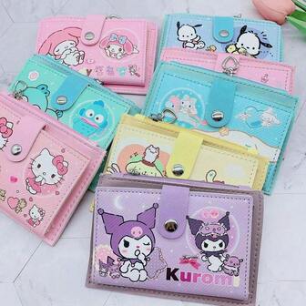 Sanrio 1pc Girl's Kuromi Hello Kitty Melody Anime Cute Cartoon Folding Fashion Purse, PU Leather Multifunctional Card Holder