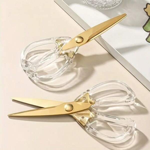 1 pezzo Forbici eleganti in acciaio inossidabile con manico trasparente - Design ergonomico, antiruggine, affilate, forbici da emergenza per uso esterno, aspetto dorato, durevoli e alla moda, adatte anche per cucire, ideali per uso quotidiano in cucina e in ufficio, ottimo regalo per le donne