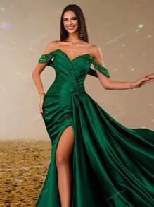 Emerald Green Satin Off Shoulder Evening Dress, Sexy Slit Formal Gown For Women, Glitter Strap Draped Bodycon Prom Dress, Elegant Long Dress For Party, Gala, Wedding Guest