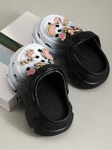 1 Pair Girls Gradient Pink-White Round Toe Cute Gold Plated Rabbit Decor Thick Bottom EVA Anti-Slip Breathable Sandals, Suitable For Summer - Black and White - View 4