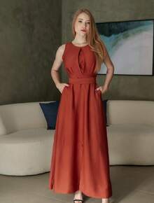Long Dress Crew Neck Tank Top Belt Sash Slit Evangelical Fashion Pocket Party Wedding Graduation - 鏽棕色 - 查看 1