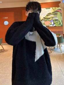 男士休闲宽松针织套头毛衣，五角星图案，圆领长袖，秋冬款 - 黑色 - 查看 4