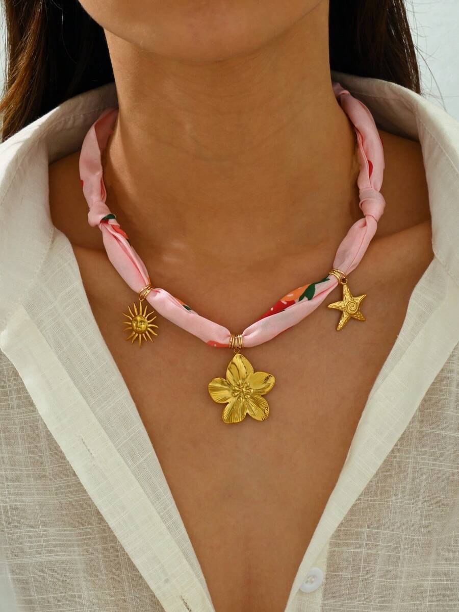 Colar com cachecol de férias em aço inoxidável com flor de estrela do mar e sol, colar feminino rosa, presente para mãe, para ela