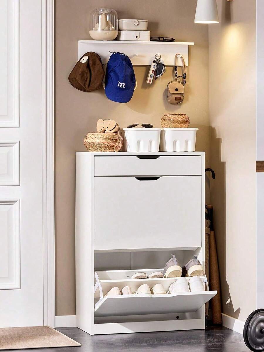 SoBuy 2 Flip-Drawers 1 Pull Out Drawer Shoe Cabinet Shoe Storage Cupboard Shoe Rack White W60 X D30 X H90cm FSR180-W