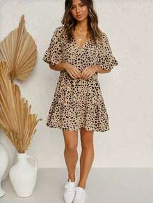 Women's Polka Dot Print V-Neck Casual Elegant Dress, Short Sleeve - Khaki - View 3