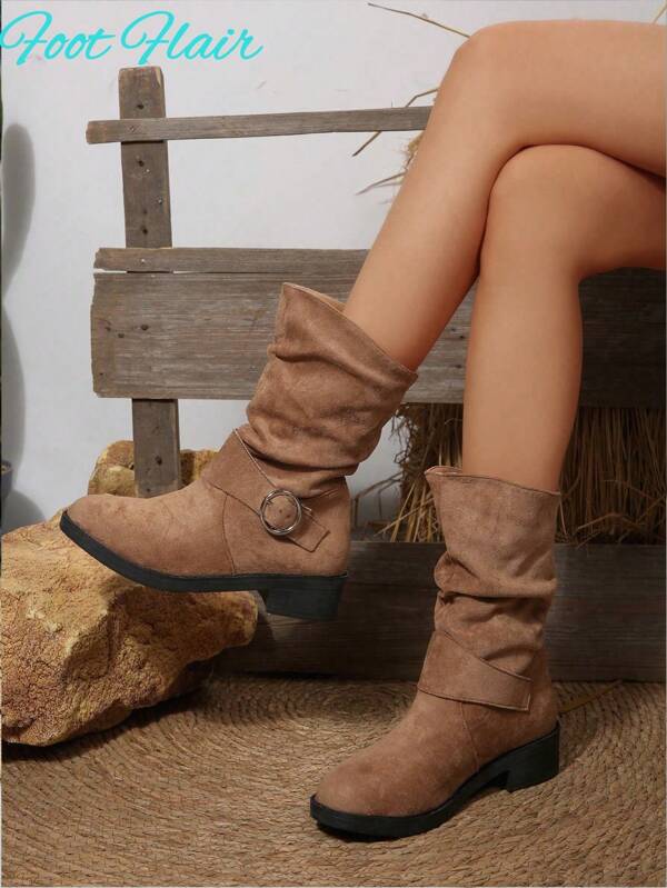 Foot Flair Women's Punk Bohemian Thick Sole Pleated Stacked Boots With Waist Belt Buckle Decor, Versatile For Shopping, Dating, Office, Travel, Soft Chestnut Suede-Like Fabric, Comfortable And Stylish Mid-Calf Boots