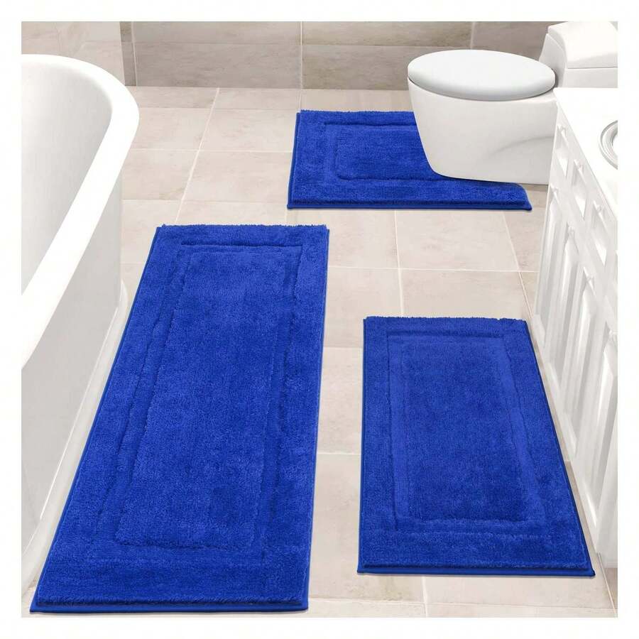 Bathroom Rugs Sets 3, Non Slip Bath Mats Washable - Soft ShaggyMicrofiber Bath Runners With Toilet Floor Mat,Blue - 如圖418 - 查看 1