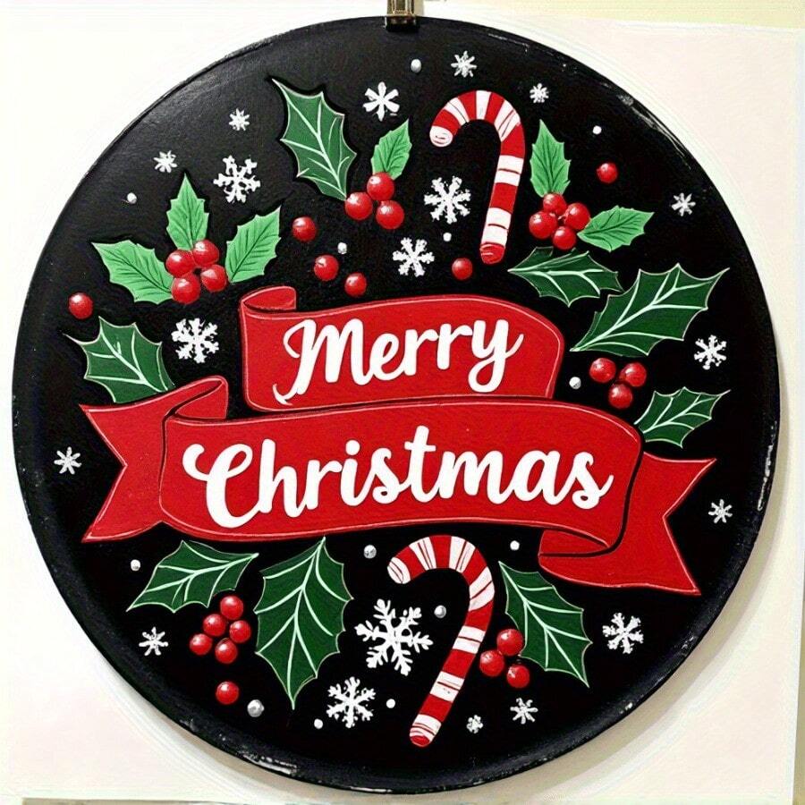 2D Flat, Geek Bar 1pc Rustic Aluminum Merry Christmas Sign- Sparrow Grass And Holly Wreath Design, 2D Printed Round Metal Plaque Suitable For Door Wall Home Farmhouse Decoration, No Electricity Needed, Vintage Holiday Wall Art, 2D Flat, Christmas Decorat, 2D Flat - 8x8英寸 - 查看 1