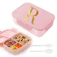 Caja de almuerzo de plástico con 3 compartimentos y patrón de 26 letras, de gran capacidad, apta para microondas, contenedor de almacenamiento de alimentos, caja bento portátil con cuchara y tenedor, adecuada para picnic, oficina, aperitivos - Rosa - Ver 14