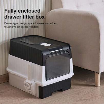 Large Self-Cleaning Cat Litter Box With Carbon Filter Technology, Hooded Enclosed Tray With Odour Control System & Anti-Splash Design, High Capacity Drawer-Style Potty Pan For Multi-Cat Households (Privacy Hood + Easy Scoop)