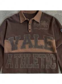 Men's Brown Retro Letter Print Polo Collar Long-Sleeved Top Without Collar, Loose And Casual Pullover Hoodie