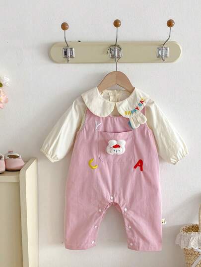 مجموعة بناطيل وبادي للبنات الرضع في الخريف، بادي بأكمام طويلة مطرز بحرف وبنطلون بيب على الطراز الكوري، قطعتان