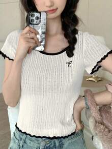 2025春秋舒适百搭蝴蝶刺绣T恤 - 白色 - 查看 3