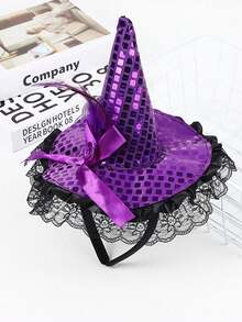 Mini Purple Witch Hat Headband, Halloween Lace Pointed Wizard Headband With Glitter Spider Ghost Pumpkin Decor, Girls Cosplay Party Hair Accessories - Multicolor - View 9