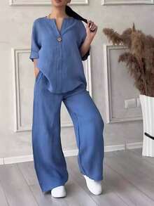 Women's Multicolor Cotton-Linen Suit 2025 Summer - V-Neck Long Sleeve & Long Pants - Camel - View 5