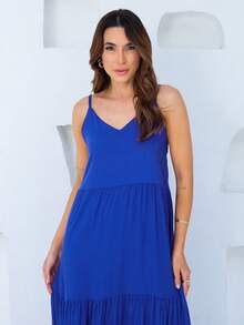 Women's Long Viscose Dress With Adjustable Straps - 寶藍色 - 查看 5