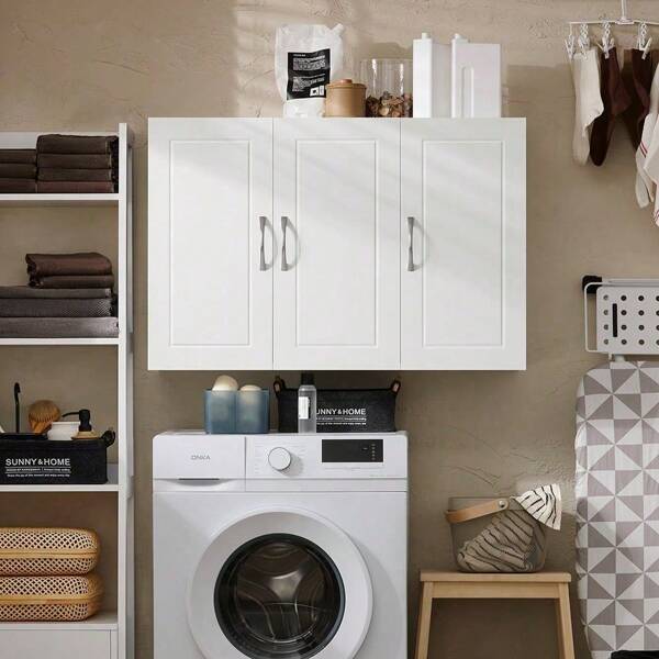 SoBuy Kitchen Bathroom Wall Cabinet Wall Storage Cabinet Unit With 3 Doors White W90 X D30 X H60cm FRG231-L-W Home Bathroom Decor Bathroom Organizer Summer Bathroom Accessories Wall Cabinet Wall Mounted Cabinet Wall Organiser Unit Wall Storage Cupboard Bathroom Wall Cabinet Kitchen Wall Cabinet Bathroom Furniture Black Morden Style Minimal Style Nordic Style