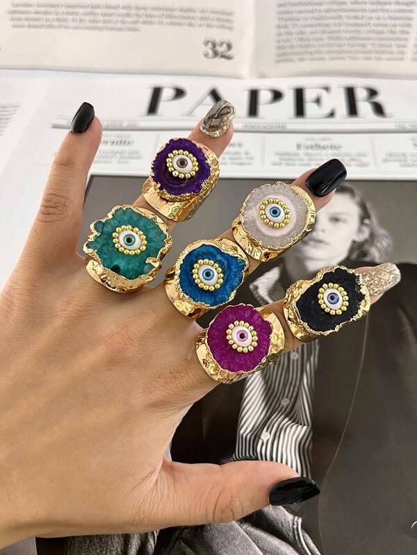 1pc Fashionable Multicolor Asymmetrical Natural Agate Eye Beaded Brass Plated Gold Wide Ring, Suitable For Women's Daily & Party Wear