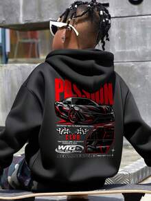 1pc Tween Boys' Casual Printed Pullover Hoodie Sweatshirt, Thermal Lined, Long Sleeve, Autumn/Winter, Student/Youth Clothing - Black - View 7