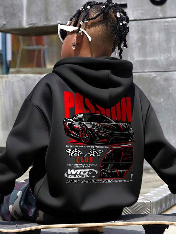 1pc Tween Boys' Casual Printed Pullover Hoodie Sweatshirt, Fleece Lined, Long Sleeve, Autumn/Winter, Student/Youth Clothing