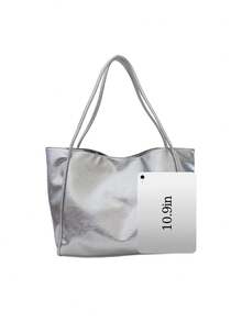 时尚纯色褶皱纹理设计女士手提包，休闲百搭夏季新款单肩包，校园风学生单肩包，适合大学生日常通勤和购物，轻便大容量学生手提包 - 銀色 - 查看 8