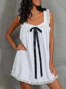 Women Mini Dress Lace Trim Fly Sleeve Bowknot Embellished Short Dress Summer Fashion Casual Dress