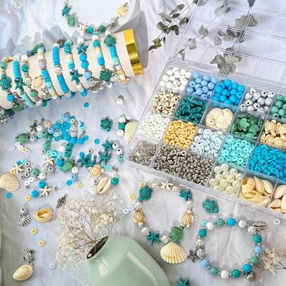 1 Box 24pcs Blue Ocean Style Turtle, Shell, Starfish Jewelry Making Set, Bracelet & Necklace Beading Kit