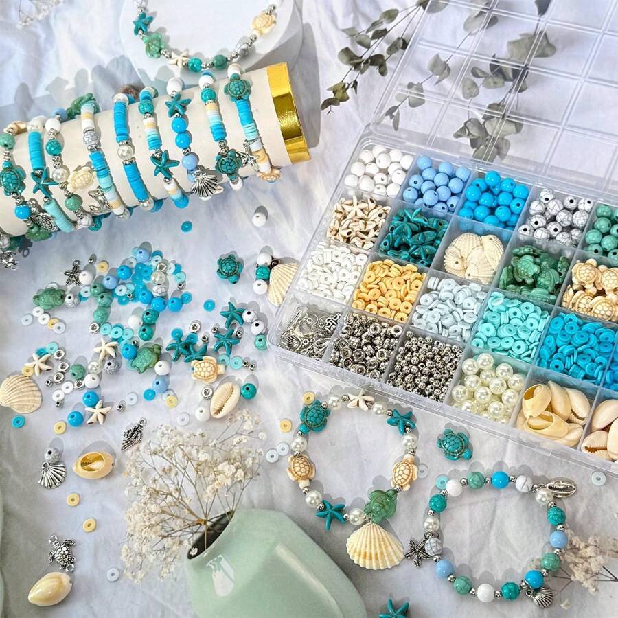 1 Box 24pcs Blue Ocean Style Turtle, Shell, Starfish Jewelry Making Set, Bracelet & Necklace Beading Kit
