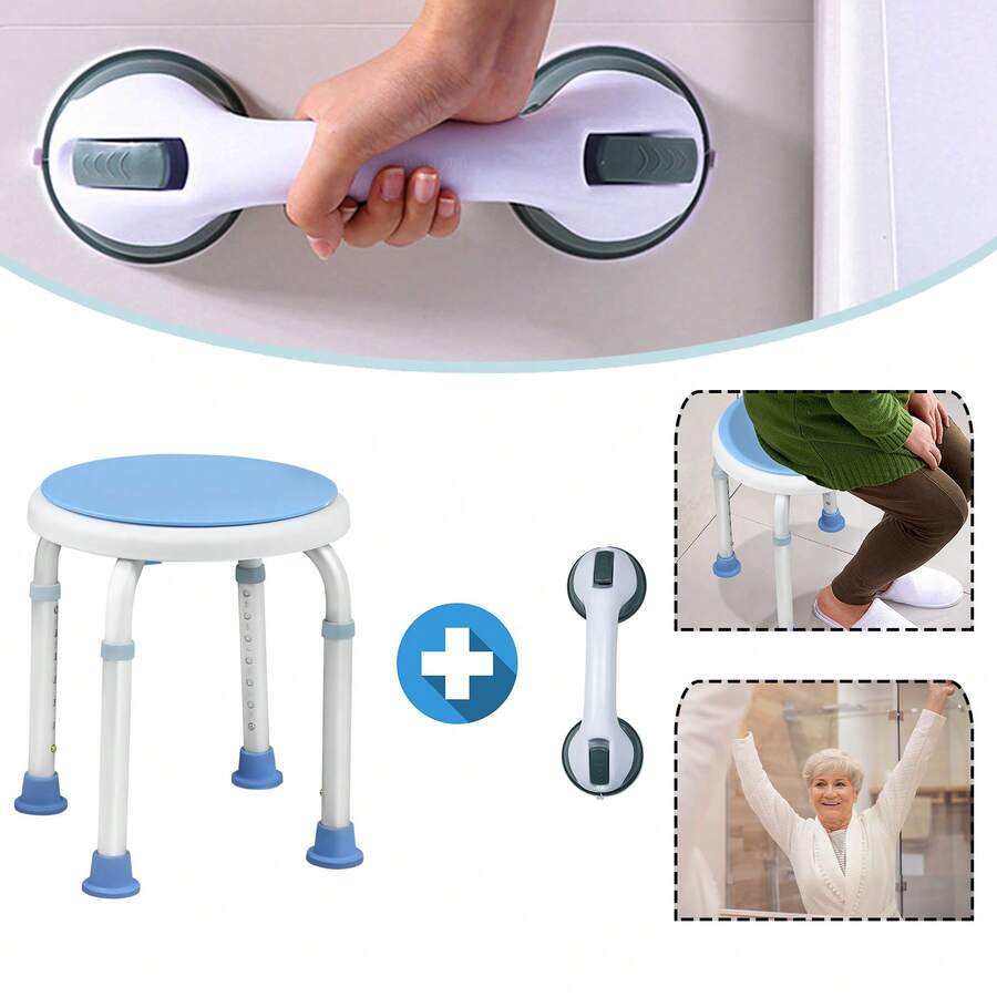 Shower Stool With Handle, 37-53cm Height Adjustable, 360° Rotatable Bathtub Seat, Non-Slip Auxiliary Chair - Baby Blue - View 1