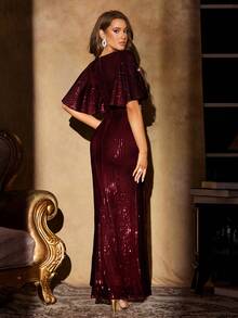 UNITHORSE UNITHORSE Square Neck Ruffle Sleeve Pleated Waist Long Sequin Evening Dress, Elegant Formal Dress, For Wedding Guest, Graduation Dress, Dinner Party Dress, Birthday Women Outfits