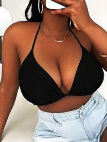 Slaydiva Summer Beach Plus 褶饰挂脖比基尼上衣 - 黑色 - 查看 1