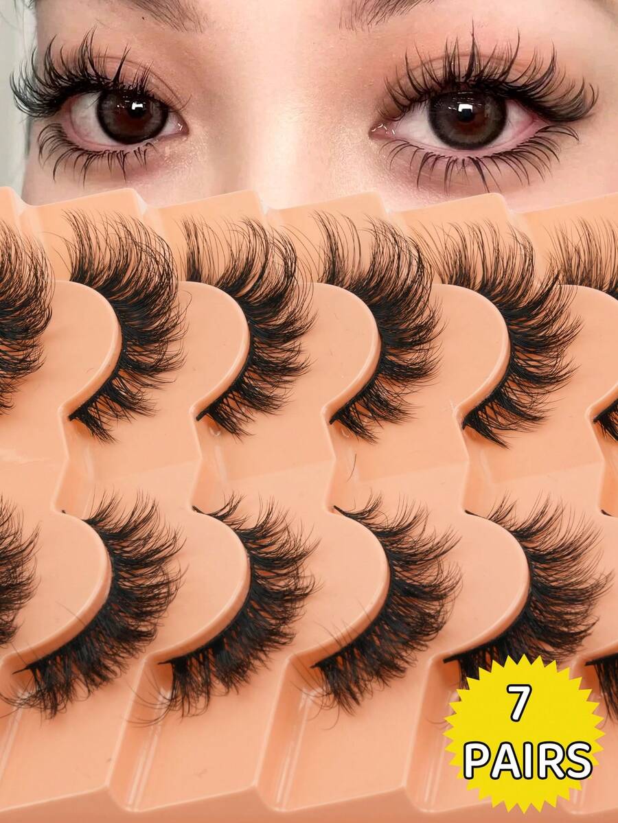 7 Pairs Of Thick And Fluffy Eyelashes Eyelashes Artificial Mink Cosplay Cat Eye Shape Anime Tail Slender Strip Eyelashes Multi-Layered Natural Cross Thick False Eyelashes For Beautiful And Professional Curls, A Must-Have Makeup Item For Holiday Stage Parties, Create Charming Eye Makeup - lông mi mềm mại - Xem 1