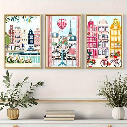 3pcs Amsterdam City Art Canvas Prints - Decorative Canvas Set, Create Eye-Catching Home Decor