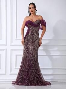 Elegant Purple Mermaid Sequined Strapless Beaded Long Fitted Evening Gown, Suitable For Parties - Purple - View 2
