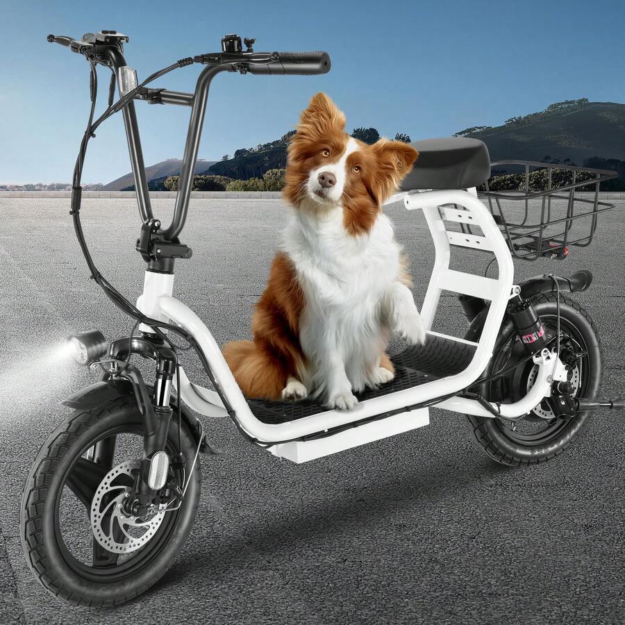 tooluck Peak 1200W Electric Scooter With Seat Max 30Miles Range&20MPH 14" Tires Foldable Adult Electric Scooter With Basket For Pets & Cargo Dual Shock Absorbing E- Scooter For Commuting,White
