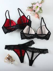 2 peças de sutiãs push-up sensuais de renda, sutiãs com aro anti-flacidez - Preto - Ver 2