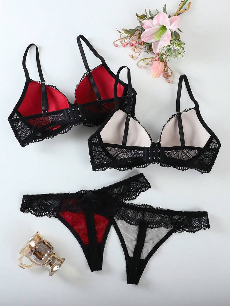 2 piezas Sujetadores con encaje sexy y push-up, sujetadores con aros anti-caída - Negro - Añade 2