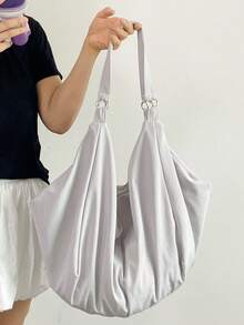 Bolso de hombro de gran capacidad con patrón de unicolor, bolso cruzado minimalista de estilo para mujer de vuelta al colegio, bolso de tela de nailon, bolso casual y práctico multiusos, adecuado para trabajo, estudio y viaje - Gris Claro - Ver 7