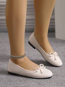 European & American Fashion Ballet Flats For Women, Woven Bow Round Toe Soft Leather Soft Sole Comfortable Slip-On Shoes