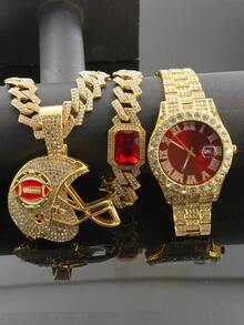 一套3D全钻橄榄球头盔吊坠项链、手链、手表套装，时尚奢华礼盒包装，适合送礼。 - 紅色 - 查看 16