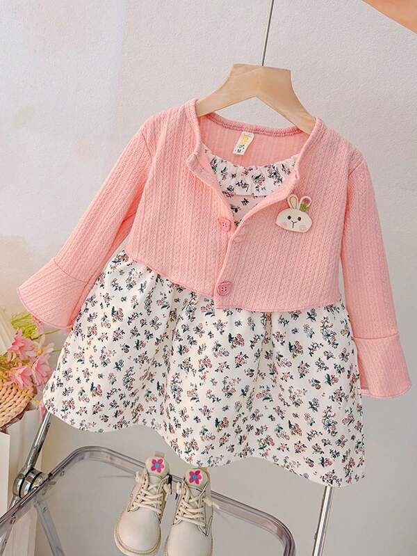 New Floral Bunny Print 2 In 1 Long Sleeve Dress, Cute Baby Girl Dress, Suitable For Spring & Autumn