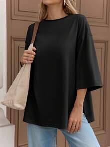Fisoew Women's Oversized T Shirts Casual 3/4 Sleeve Side Slit Workout Gym Loose Fit Summer Tee Tunic Tops - Y2K Streetwear Basic Fashion Comfort Fit Plus Size - 黑色 - 查看 3