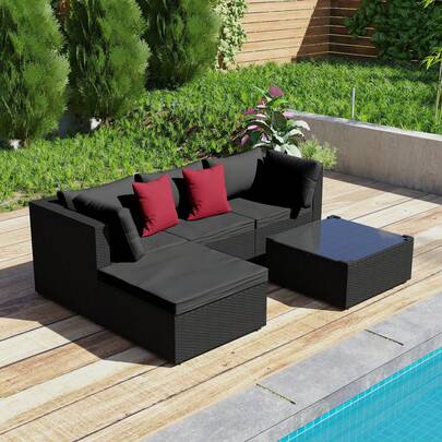 LILIIN Polyrattan Garden Furniture Set Outdoor Lounge Balcony Furniture Garden Lounge With 3-Seater Sofa, Table, Armchair, Stool, Seat Cushion, Weatherproof, Terrace Furniture Seating Group For Garden, Balcony And Patio, Black