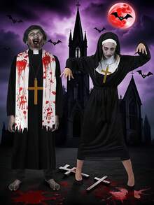 Zombie Priest And Nun Costume Set - Lncludes Robe, Plastic Cross, Stickers, Face Painting, Halloween Adult Costume For Costumes Party, Suitable For Carnival. Halloween Demon Exorcist Party Role Play - Multicolor - View 2