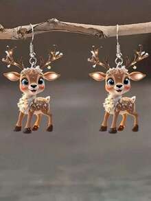 1 Pasang Anting Akrilik Datar Motif Rusa Natal dan Pohon Natal, Cocok untuk Pemakaian Sehari-hari, Unisex - MultiWarna - View 1