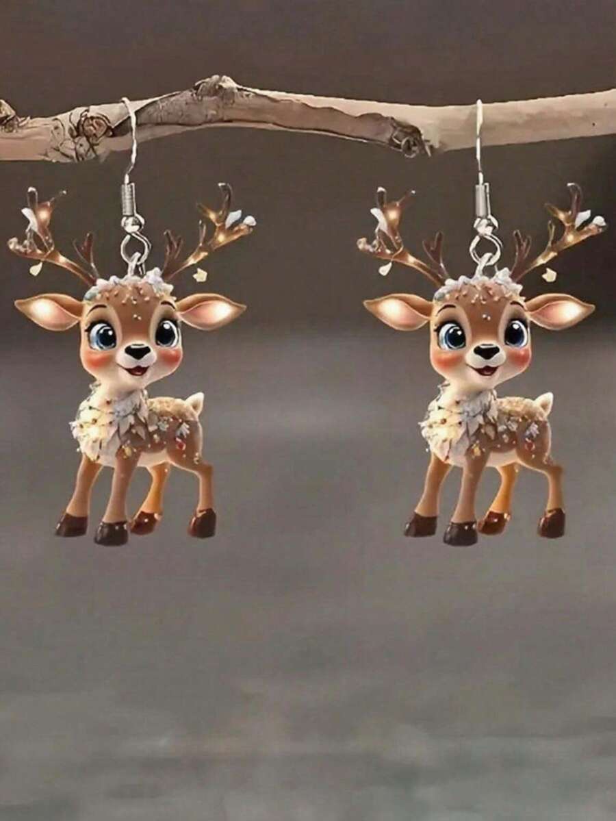 1 Pasang Anting Akrilik Datar Motif Rusa Natal dan Pohon Natal, Cocok untuk Pemakaian Sehari-hari, Unisex - MultiWarna - View 1
