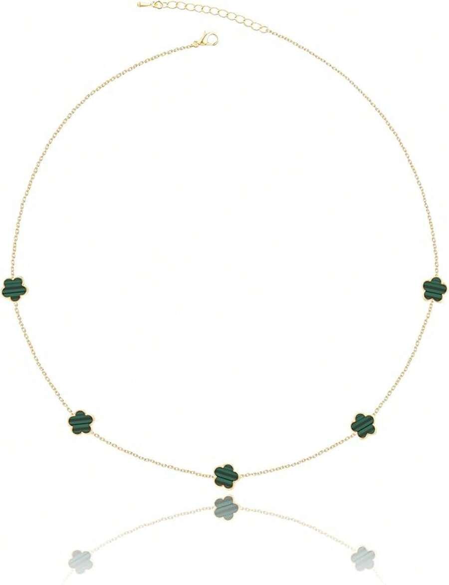 14K Gold Pendant Four Leaf Clover Necklace Women Lucky Flower Jewelry - 綠色條紋-14K鍍金 - 查看 1