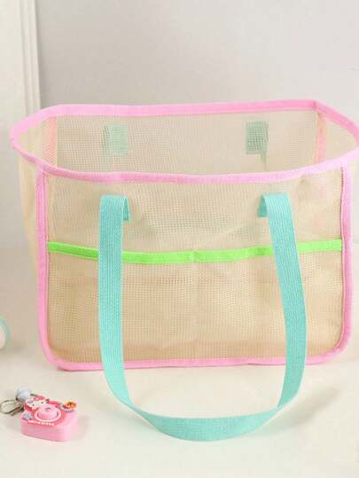 INS Style Mesh Tote Beach Bag, Waterproof Shower Bag, Large Capacity Beach Bag With Pockets, Durable Polyester Travel Tote, Suitable For Swimming, Bathroom Storage, Washable, Pink & Yellow Striped Design, Spacious, Beach Bag Accessory For All Ages