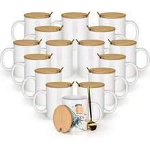 16 PACK 11OZ Sublimation Ceramic Coffee Mug White Blank Drinking Cups With Bamboo Lid, Stainless Steel Spoon - 白色 - 查看 1